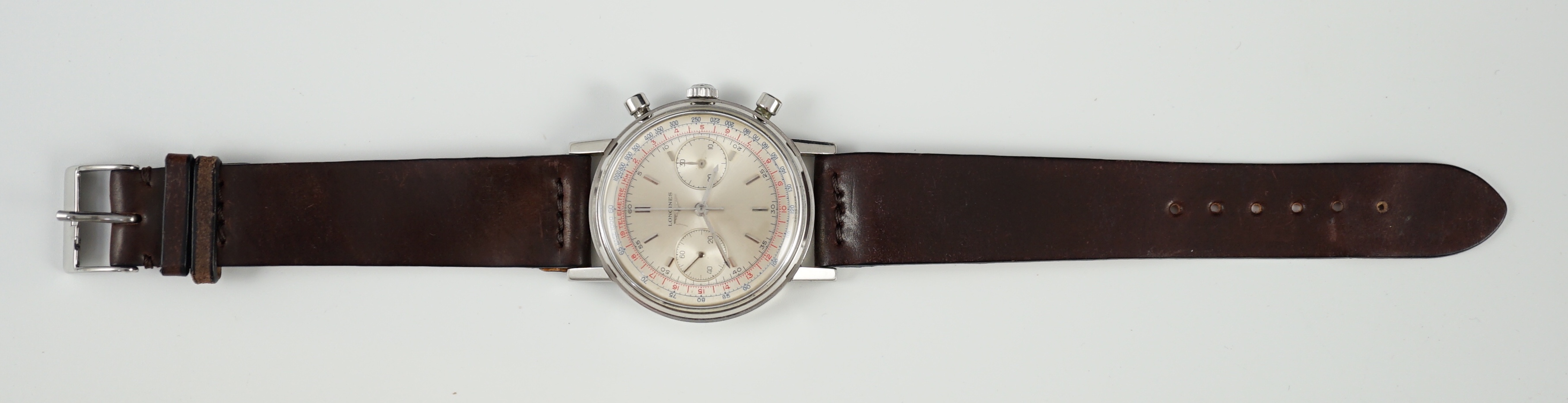 A gentleman's rare late 1960's stainless steel Longines Flyback manual wind chronograph wrist watch, ref. 7413, serial number 15,612,614, movement c.530 (also called 30CH)